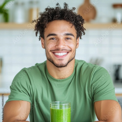 A young man smiles as he prepares a healthy smoothie in his bright kitchen. His positive attitude toward health and well-being is evident in his daily choices.