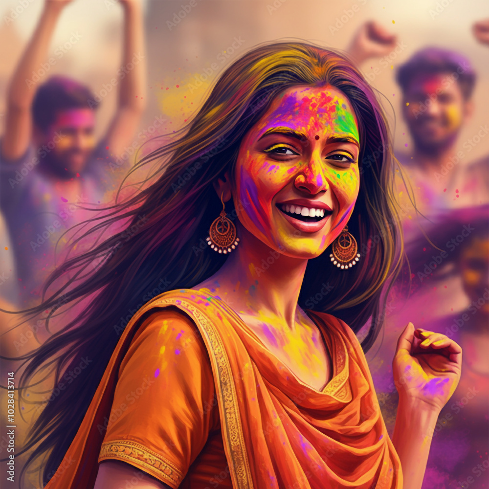 Obraz premium Woman joyfully celebrating Holi with vibrant color powder on her face, representing the festive spirit and joy of the Indian festival of colors