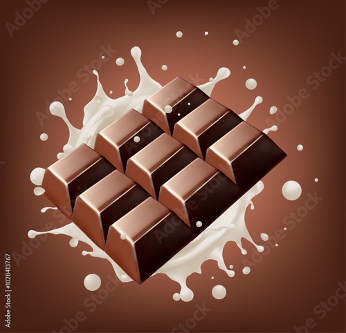 Chocolate bar rotates in splashes of milk on background Isolated on background. Vector illustration. Gradient Mesh