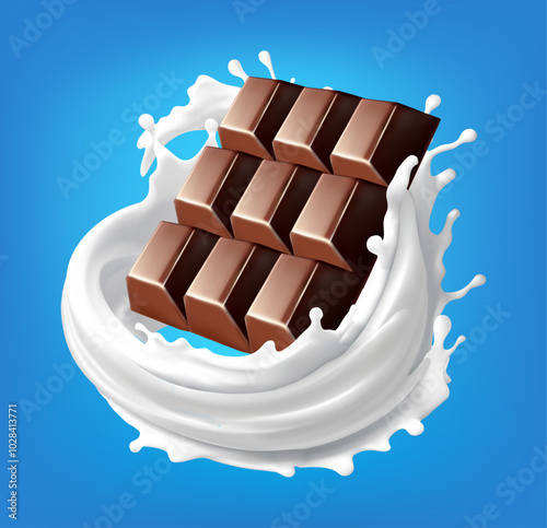Chocolate bar rotates in splashes of milk on background Isolated on background. Vector illustration. Gradient Mesh