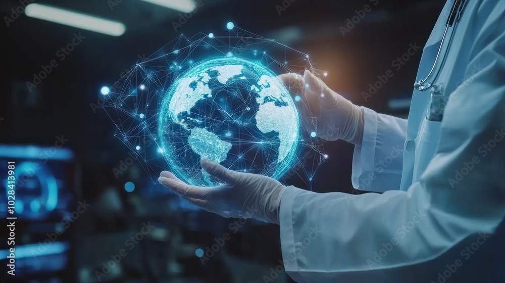 Doctor with virtual globe healthcare network connection concept Science and medical innovation technology future sustainable smart services and solutions in global research networks Doctor with virtual globe healthcare network connection concept Science and medical innovation technology future sustainable smart services and solutions in global research networks