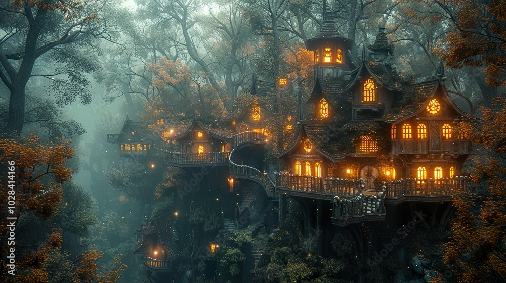 Enchanted Treehouse Village in a Foggy Forest Enchanted Treehouse Village in a Foggy Forest