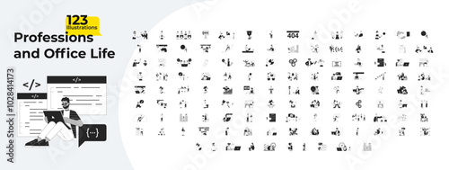 Professional lifestyle outline illustrations mega bundle. Teamwork office. Multitask deadline. Task management. Hiring employees 2D linear images isolated. Collection black and white vector drawings
