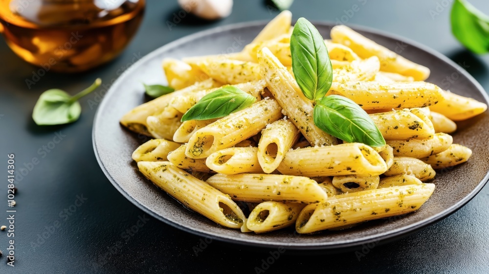Close-up of a plate of penne pasta with pesto sauce garnished with fresh basil leaves, placed on a dark surface. Close-up of a plate of penne pasta with pesto sauce garnished with fresh basil leaves, placed on a dark surface.