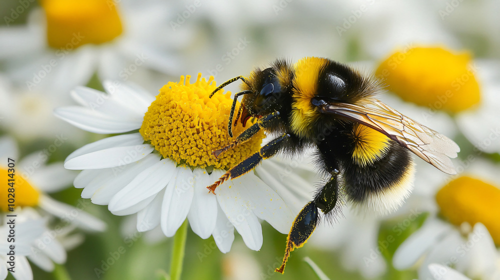 A bumblebee collecting pollen from daisies