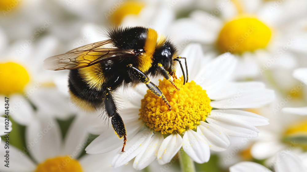 A bumblebee collecting pollen from daisies A bumblebee collecting pollen from daisies