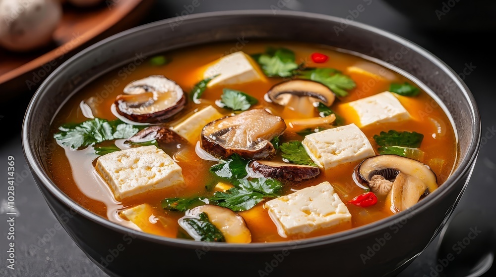 A bowl of vegan tom yum soup filled with tofu and mushrooms, presenting vegan ingredients, organic components, and a lowcalorie profile A bowl of vegan tom yum soup filled with tofu and mushrooms, presenting vegan ingredients, organic components, and a lowcalorie profile