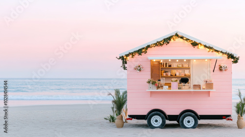 Charming pink food truck on a serene beach at sunset, adorned with lights and flowers, AI