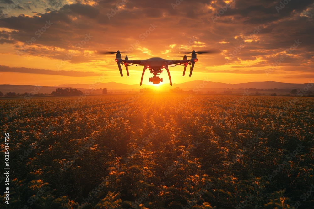 Fototapeta premium Drone flying over a field at sunset