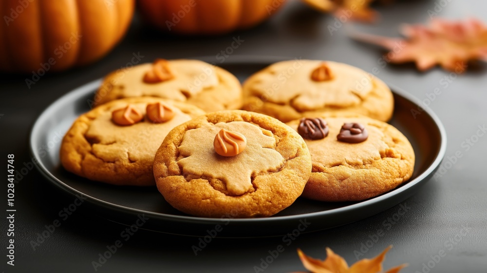 A black plate holds several pumpkin cookies with decorative autumn-themed frosting, placed on a dark surface amidst fall leaves. A black plate holds several pumpkin cookies with decorative autumn-themed frosting, placed on a dark surface amidst fall leaves.