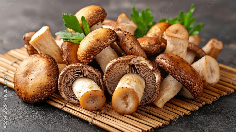 Fresh, golden shiitake mushrooms on a bamboo mat, showcasing vegan ingredients, emphasized for their organic nature and lowcalorie content Fresh, golden shiitake mushrooms on a bamboo mat, showcasing vegan ingredients, emphasized for their organic nature and lowcalorie content