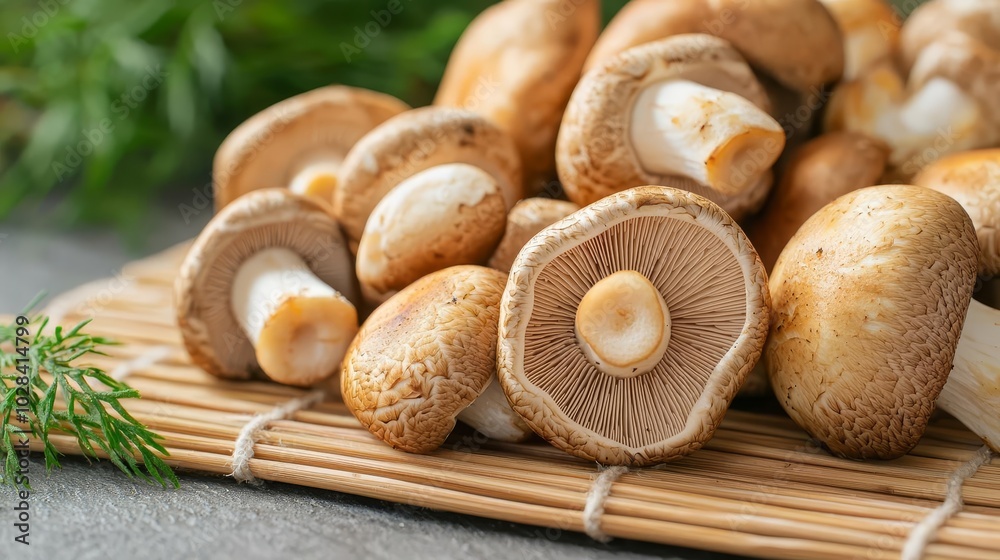 Fresh, golden shiitake mushrooms on a bamboo mat, showcasing vegan ingredients, emphasized for their organic nature and lowcalorie content Fresh, golden shiitake mushrooms on a bamboo mat, showcasing vegan ingredients, emphasized for their organic nature and lowcalorie content