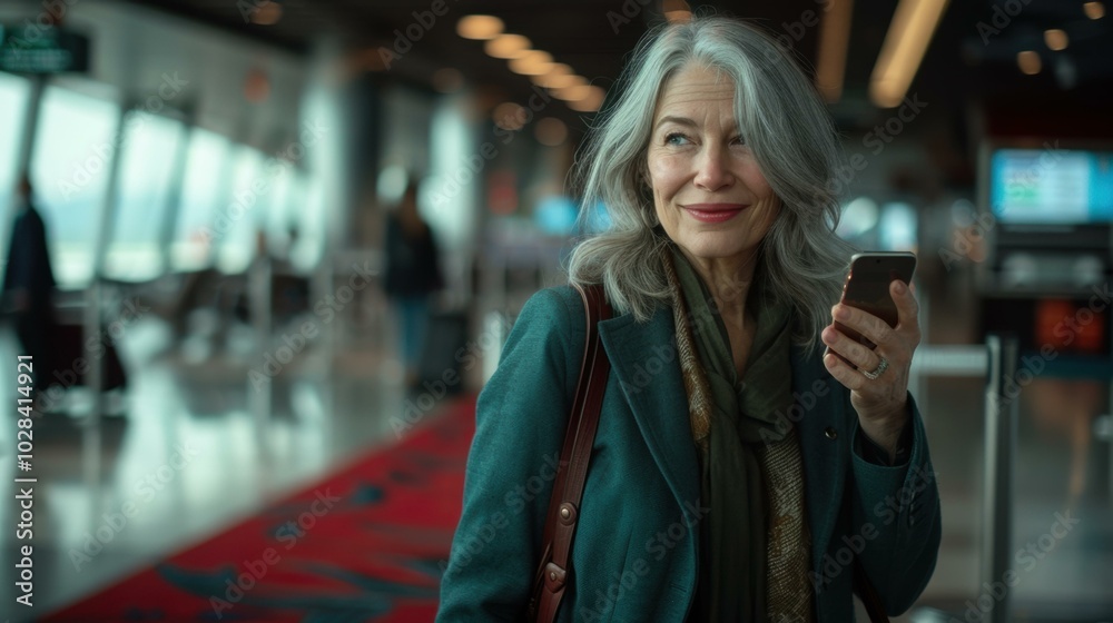 A woman checks her phone while waiting in an airport. AI. A woman checks her phone while waiting in an airport. AI.