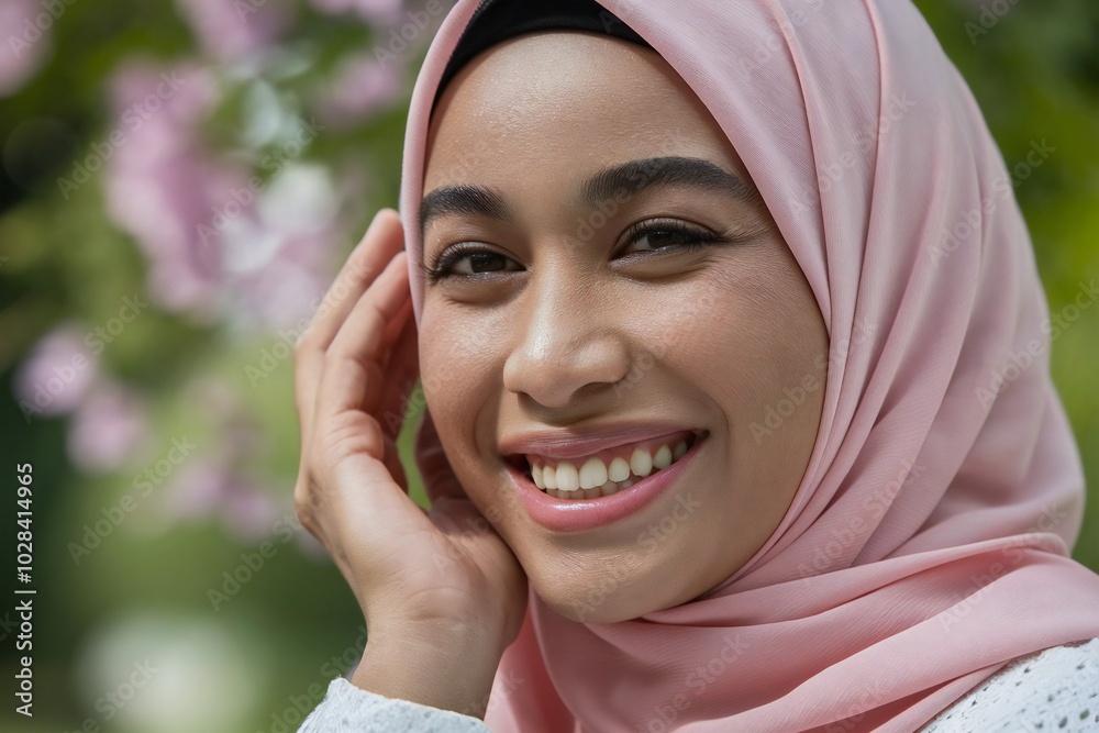 Portrait of young smiling muslim woman in pink hijab, outdoors Portrait of young smiling muslim woman in pink hijab, outdoors