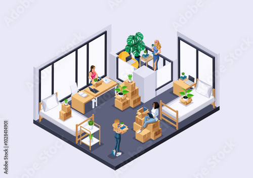 Isometric Characters, Personage. Female students are sorting things out in their dorm room. Large bright room with a balcony