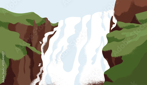 Serene nature landscape with waterfall flowing, water falling down cliff. Pea...