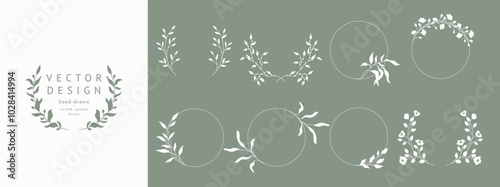 Floral circle frame. Hand drawn elegant botanical round border, laurel, wreath with branches, leaves and flowers in silhouettes. Vector isolated set for wedding invitation, card, logo design