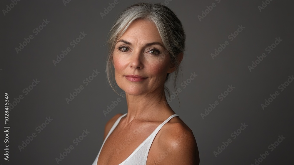 Beautiful older woman in white t-shirt female breast dark background Breast cancer support, prevention, mammography, screening, oncology, cancer treatment Beautiful older woman in white t-shirt female breast dark background Breast cancer support, prevention, mammography, screening, oncology, cancer treatment