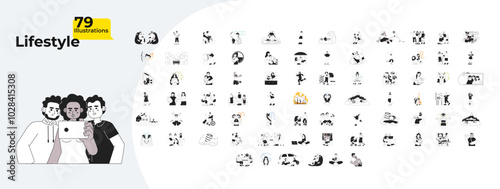 Diverse people lifestyle outline illustrations mega bundle. Zodiac signs. Newborn care. Fitness yoga. Natural disaster. Relax 2D linear images isolated. Collection black and white vector drawings