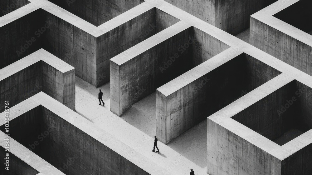 An abstract maze made of tall concrete walls, with individuals wandering alone in separate paths, representing confusion and the lack of teamwork caused by silo mentality