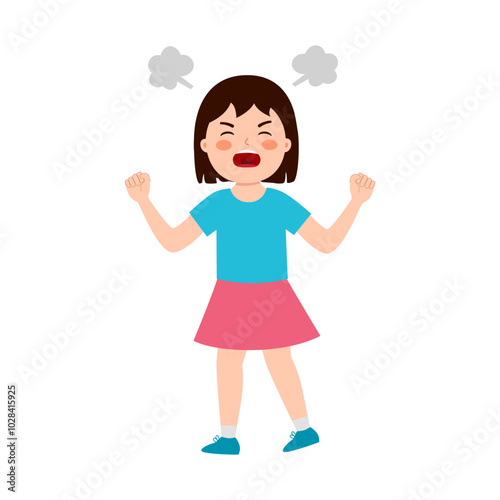 Angry girl kid screaming in flat design on white background.