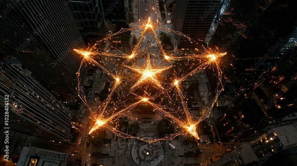 Aerial View of Sparkling Star Above Urban Cityscape Aerial View of Sparkling Star Above Urban Cityscape