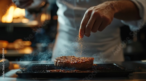 Close-up of a chef's hand sprinkling seasoning on a sizzling steak on a grill.