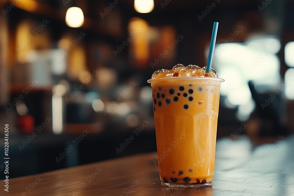 Close-up of a refreshing iced tea with tapioca pearls and a blue straw on a wooden table. Close-up of a refreshing iced tea with tapioca pearls and a blue straw on a wooden table.