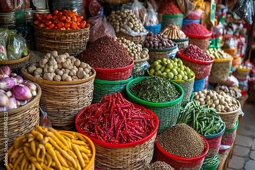 Fototapeta Naklejka Na Ścianę i Meble -  Vibrant Spices and Herbs Displayed in Baskets at a Local Market.