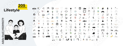 Daily life outline illustrations mega bundle. Diversity wedding. Fast food. Hobbies leisure activity. Heat stroke. 404 error 2D linear images isolated. Collection black and white vector drawings