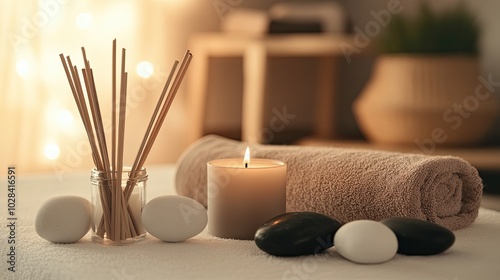 Spa Relaxation, Zen Candle, Tranquil Scenery, Calming Decor, Cozy Atmosphere, Aromatherapy, Peaceful Setting, Serene Picture