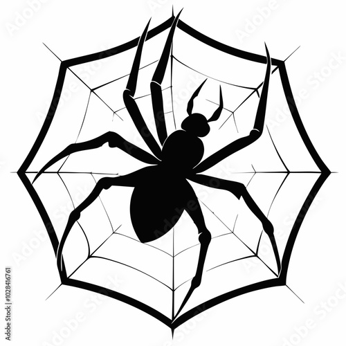 A spider spinning a web silhouette vector illustration on white background