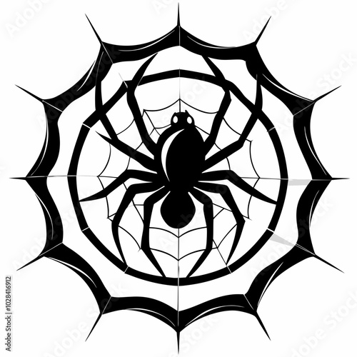 A spider spinning a web silhouette vector illustration on white background