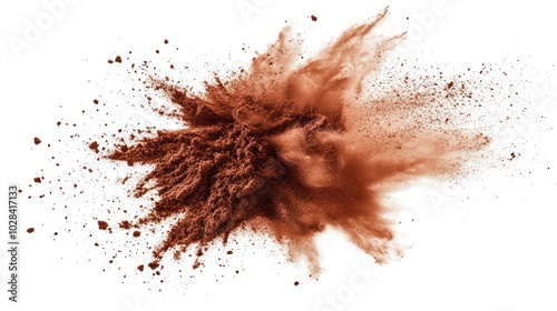 A burst of reddish-brown powder creates an explosive, dynamic visual effect.