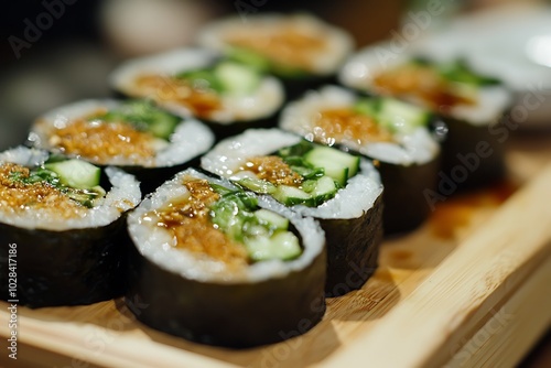 Close-up of Sushi Rolls with Cucumber and Tempura on a Wooden Plate.