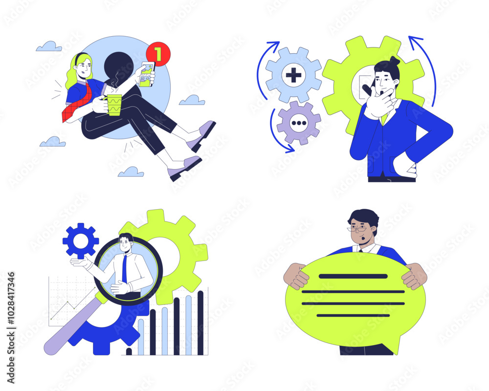 Digital business processes management 2D illustration concepts set. Entrepreneurs employees cartoon characters isolated on white. Enterprise technology metaphors abstract flat vector collection Digital business processes management 2D illustration concepts set. Entrepreneurs employees cartoon characters isolated on white. Enterprise technology metaphors abstract flat vector collection