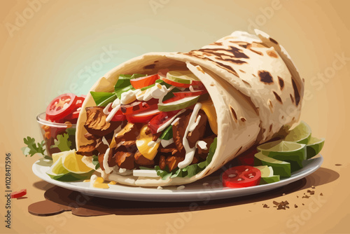 Shawarma is a Middle Eastern dish consisting of meat that is cut into thin slices, stacked in an inverted cone, and roasted on a slow-turning vertical