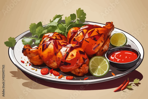 Tandoori chicken is made of savory chicken legs marinated in lemon juice, yogurt, and aromatic spices indian food