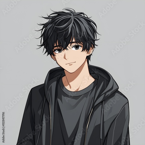 anime-style avatar of a young man with black hair. He should be standing in the center, facing the viewer with a neutral or friendly expression