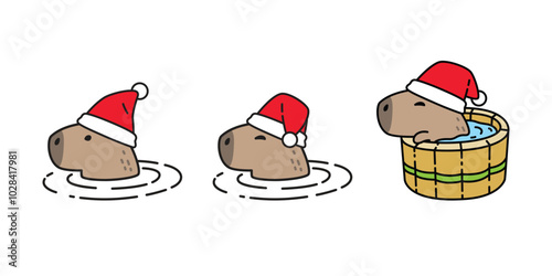 capybara vector christmas santa claus hat swimming shower bathtub oak barrel icon cartoon character sitting pet logo symbol illustration clip art isolated design
