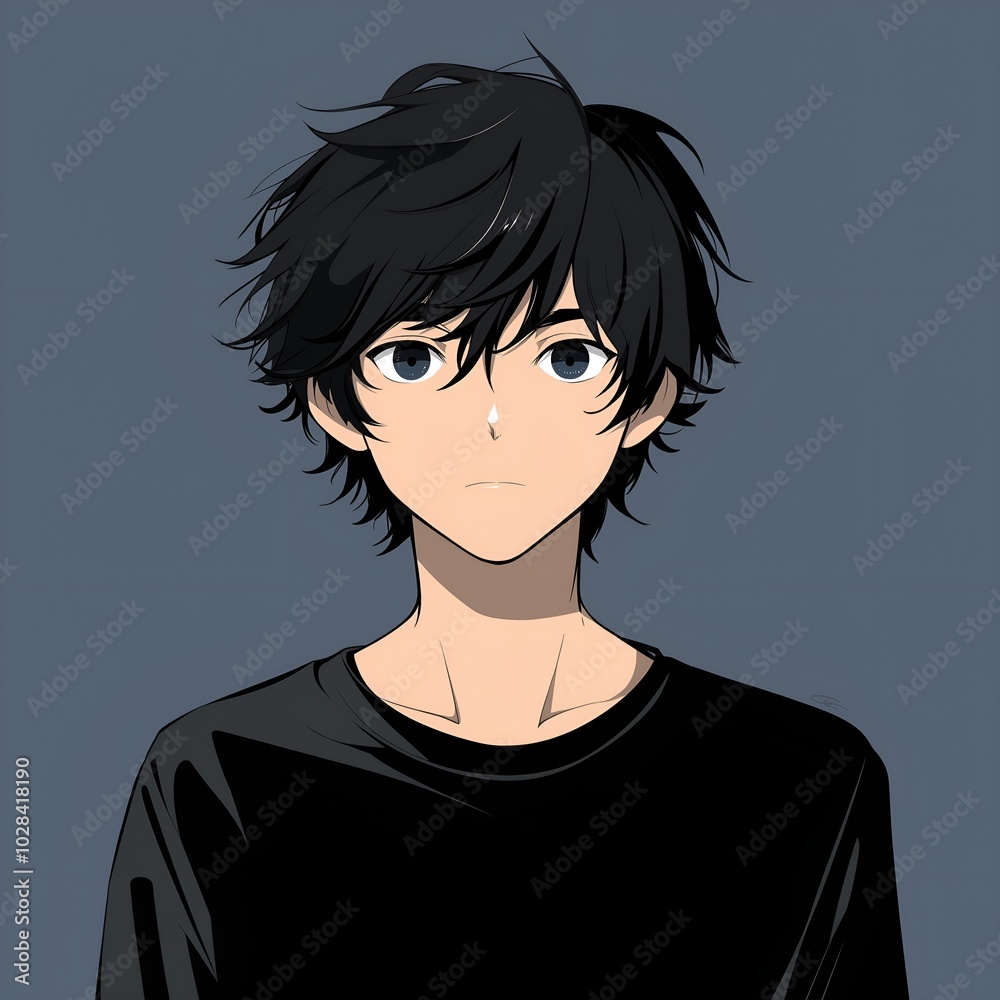 anime-style avatar of a young man with black hair. He should be standing in the center, facing the viewer with a neutral or friendly expression anime-style avatar of a young man with black hair. He should be standing in the center, facing the viewer with a neutral or friendly expression