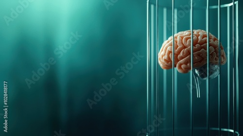Caged Brain: A brain enclosed in a metallic cage, symbolizing limitation and the inability to expand beyond current boundaries