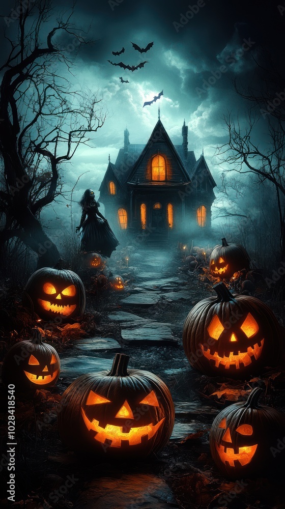 A mysterious ghoul with dark eyes and stitches holds a glowing pumpkin, shrouded in ghostly mist with an aura of terror, framed by dark, ambient scenery