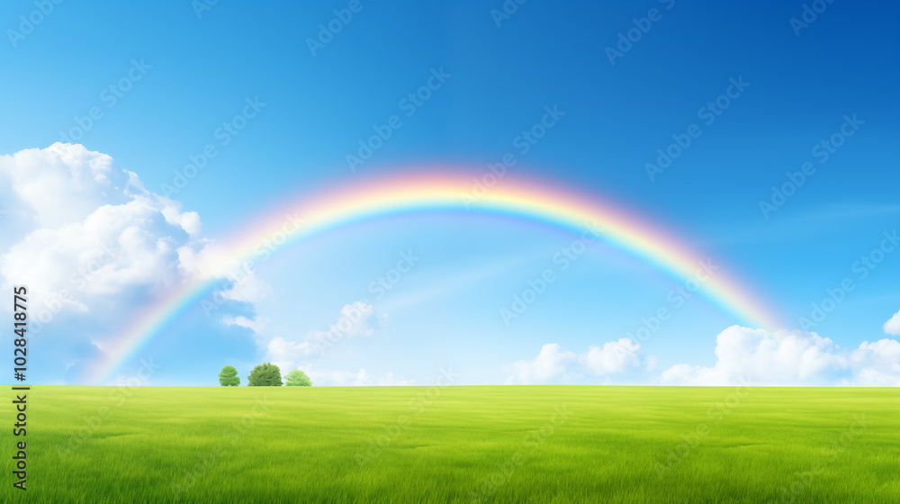 A bright rainbow curving in an arc over a green field A bright rainbow curving in an arc over a green field