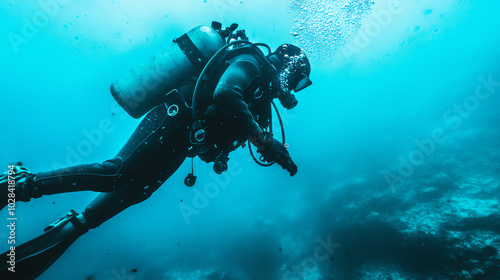 Wallpaper Mural A diver exploring underwater, surrounded by vibrant marine life, showcasing the beauty and mystery of the ocean depths with bubbles rising, creating a serene atmosphere. Torontodigital.ca