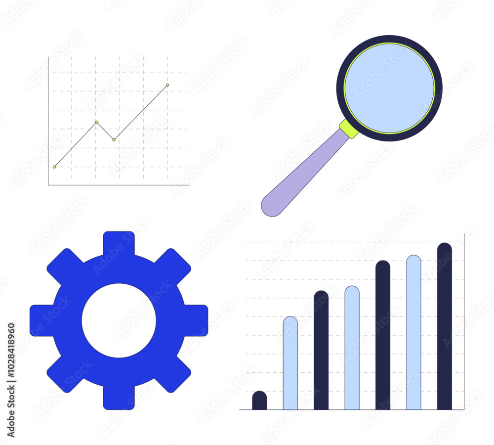 Business data analytics 2D cartoon objects set. Magnifying glass, cog gear. Management analysis graph chart isolated elements flat vector cliparts on white background. Spot illustrations collection Business data analytics 2D cartoon objects set. Magnifying glass, cog gear. Management analysis graph chart isolated elements flat vector cliparts on white background. Spot illustrations collection