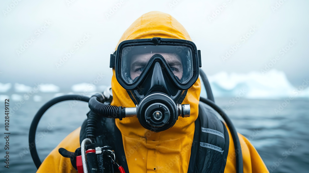 Naklejka premium A diver in a yellow suit and mask, standing near icy waters, captures the essence of underwater exploration and adventure in extreme environments.