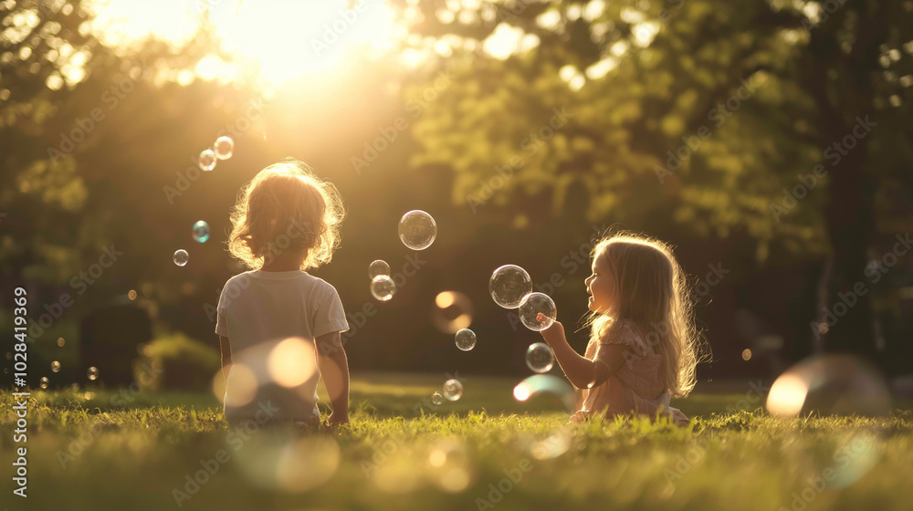 Children playing with soap bubbles in a sunny park Children playing with soap bubbles in a sunny park