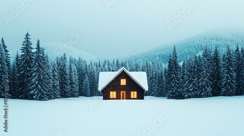 A cozy cabin surrounded by snowcovered pine trees glowing with green Christmas lights, dusk, wide shot