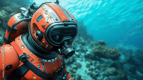 A diver in an advanced underwater suit explores vibrant coral reefs, showcasing marine life and technology in harmony.